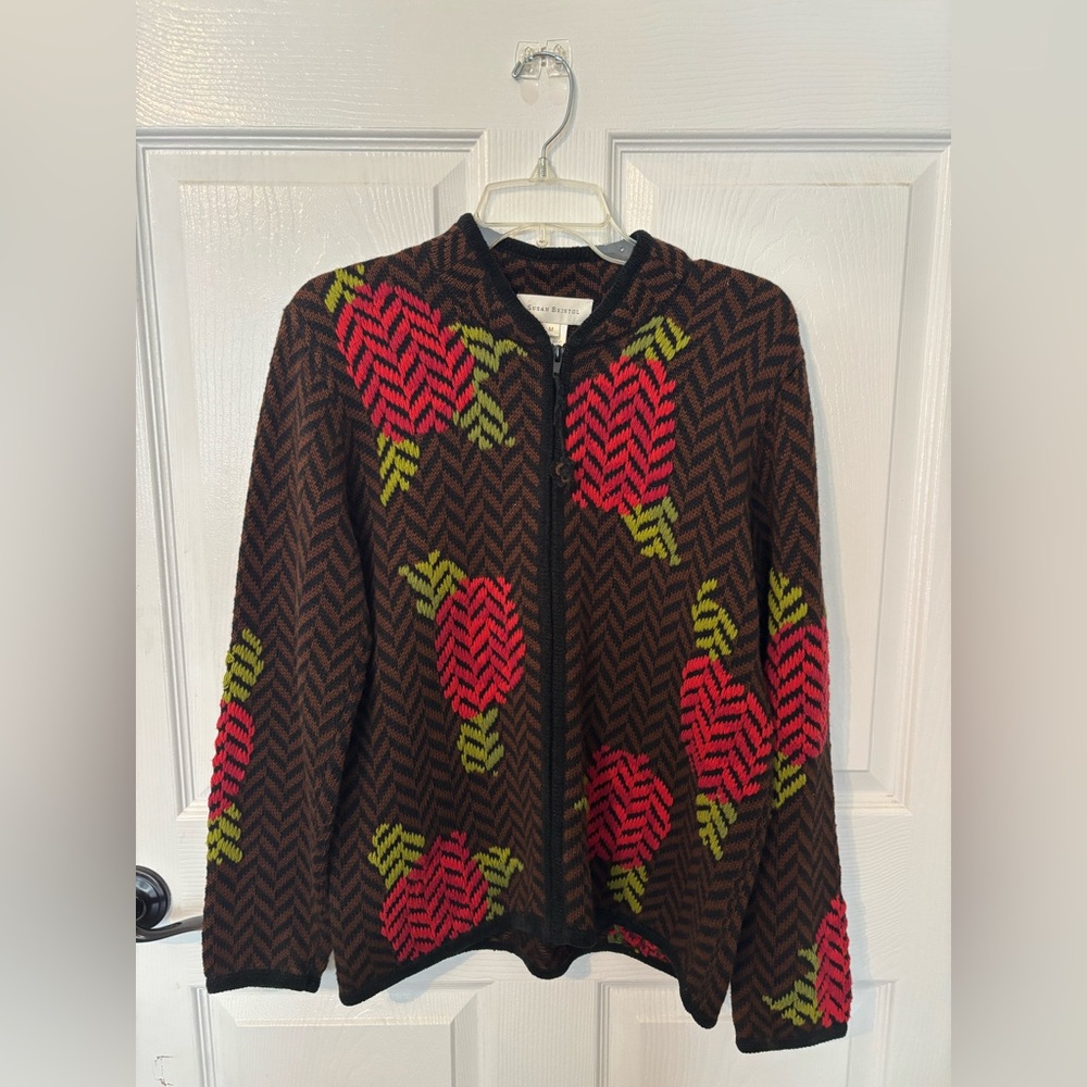 Vintage Susan Bristol Zip Up Sweater Women's Size M Hand Embroidered Apple 2002